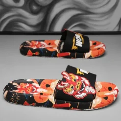 Men's Red Dragon Print Slide Sandals with 3D Dragon Design, Casual Style for Summer and Festivals