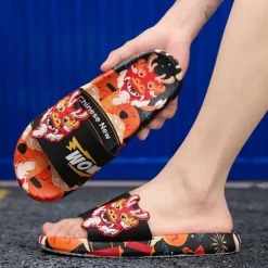 Men's Red Dragon Print Slide Sandals with 3D Dragon Design, Casual Style for Summer and Festivals