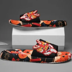 Men's Red Dragon Print Slide Sandals with 3D Dragon Design, Casual Style for Summer and Festivals