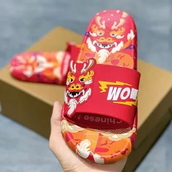 Men's Red Dragon Print Slide Sandals with 3D Dragon Design, Casual Style for Summer and Festivals