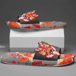 Men's Red Dragon Print Slide Sandals with 3D Dragon Design, Casual Style for Summer and Festivals