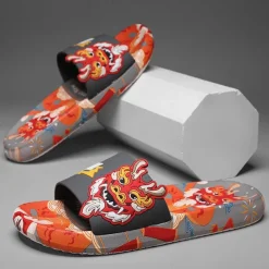 Men's Red Dragon Print Slide Sandals with 3D Dragon Design, Casual Style for Summer and Festivals