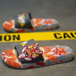 Men's Red Dragon Print Slide Sandals with 3D Dragon Design, Casual Style for Summer and Festivals