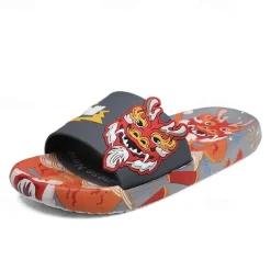 Men's Red Dragon Print Slide Sandals with 3D Dragon Design, Casual Style for Summer and Festivals