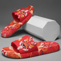 Men's Red Dragon Print Slide Sandals with 3D Dragon Design, Casual Style for Summer and Festivals
