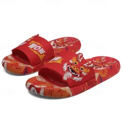 Men's Red Dragon Print Slide Sandals with 3D Dragon Design, Casual Style for Summer and Festivals