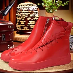 Men's Red Faux Leather High-Top Boots with Side Zipper and Lace-Up Design – Stylish Casual Footwear for Fall and Winter