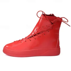 Men's Red Faux Leather High-Top Boots with Side Zipper and Lace-Up Design – Stylish Casual Footwear for Fall and Winter
