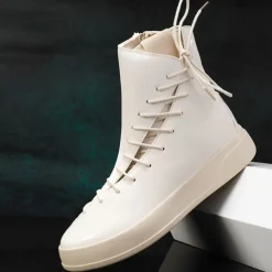 Men's Red Faux Leather High-Top Boots with Side Zipper and Lace-Up Design – Stylish Casual Footwear for Fall and Winter