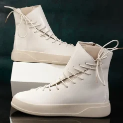 Men's Red Faux Leather High-Top Boots with Side Zipper and Lace-Up Design – Stylish Casual Footwear for Fall and Winter