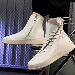 Men's Red Faux Leather High-Top Boots with Side Zipper and Lace-Up Design – Stylish Casual Footwear for Fall and Winter