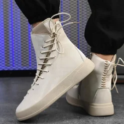 Men's Red Faux Leather High-Top Boots with Side Zipper and Lace-Up Design – Stylish Casual Footwear for Fall and Winter