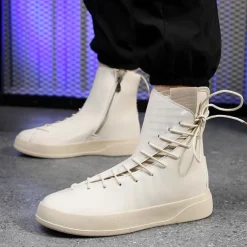 Men's Red Faux Leather High-Top Boots with Side Zipper and Lace-Up Design – Stylish Casual Footwear for Fall and Winter