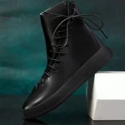 Men's Red Faux Leather High-Top Boots with Side Zipper and Lace-Up Design – Stylish Casual Footwear for Fall and Winter