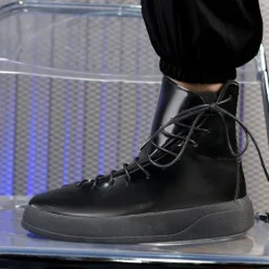 Men's Red Faux Leather High-Top Boots with Side Zipper and Lace-Up Design – Stylish Casual Footwear for Fall and Winter