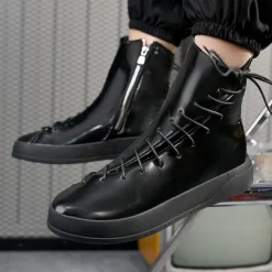 Men's Red Faux Leather High-Top Boots with Side Zipper and Lace-Up Design – Stylish Casual Footwear for Fall and Winter