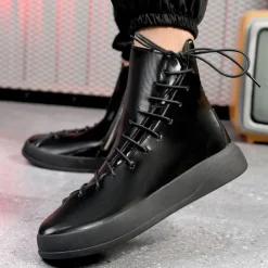 Men's Red Faux Leather High-Top Boots with Side Zipper and Lace-Up Design – Stylish Casual Footwear for Fall and Winter