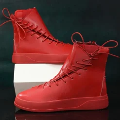 Men's Red Faux Leather High-Top Boots with Side Zipper and Lace-Up Design – Stylish Casual Footwear for Fall and Winter