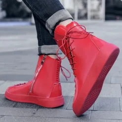 Men's Red Faux Leather High-Top Boots with Side Zipper and Lace-Up Design – Stylish Casual Footwear for Fall and Winter