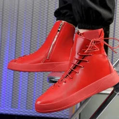 Men's Red Faux Leather High-Top Boots with Side Zipper and Lace-Up Design – Stylish Casual Footwear for Fall and Winter