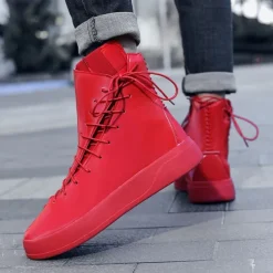 Men's Red Faux Leather High-Top Boots with Side Zipper and Lace-Up Design – Stylish Casual Footwear for Fall and Winter