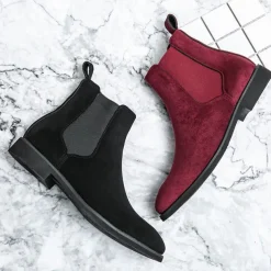 Men's Red Faux Suede Chelsea Boots with Elastic Side Panels - Ideal for Casual Outings, Evening Events, and Making a Stylish Statement
