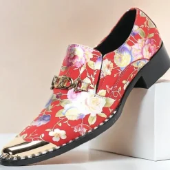 Men's Red Floral Leather Loafers with Metallic Cap Toe and Buckle Detail – Premium Cowhide Statement Shoes for Fashionable Outfits