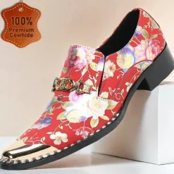 Men's Red Floral Leather Loafers with Metallic Cap Toe and Buckle Detail – Premium Cowhide Statement Shoes for Fashionable Outfits