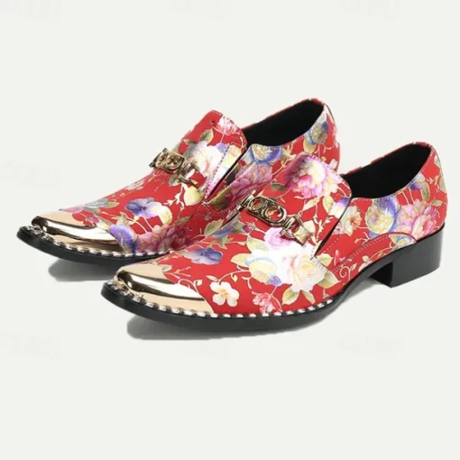Men's Red Floral Leather Loafers with Metallic Cap Toe and Buckle Detail – Premium Cowhide Statement Shoes for Fashionable Outfits