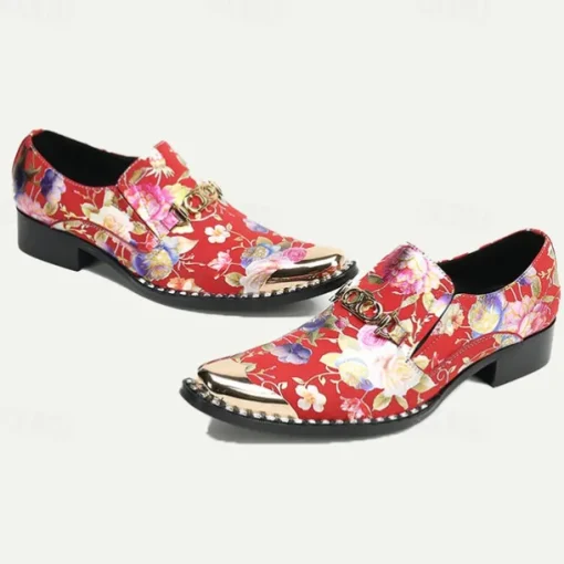 Men's Red Floral Leather Loafers with Metallic Cap Toe and Buckle Detail – Premium Cowhide Statement Shoes for Fashionable Outfits