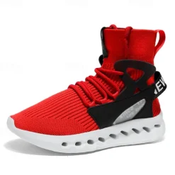 Men's Red High-Top Breathable Athletic Sneakers – Lightweight Knit Running Shoes with Cushioned Sole for Sports & Casual Wear