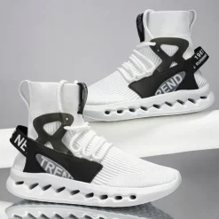 Men's Red High-Top Breathable Athletic Sneakers – Lightweight Knit Running Shoes with Cushioned Sole for Sports & Casual Wear