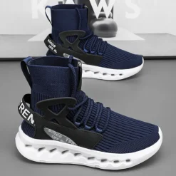 Men's Red High-Top Breathable Athletic Sneakers – Lightweight Knit Running Shoes with Cushioned Sole for Sports & Casual Wear