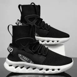 Men's Red High-Top Breathable Athletic Sneakers – Lightweight Knit Running Shoes with Cushioned Sole for Sports & Casual Wear