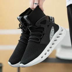 Men's Red High-Top Breathable Athletic Sneakers – Lightweight Knit Running Shoes with Cushioned Sole for Sports & Casual Wear