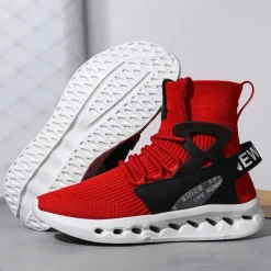 Men's Red High-Top Breathable Athletic Sneakers – Lightweight Knit Running Shoes with Cushioned Sole for Sports & Casual Wear
