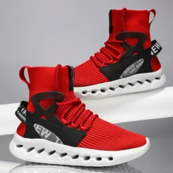 Men's Red High-Top Breathable Athletic Sneakers – Lightweight Knit Running Shoes with Cushioned Sole for Sports & Casual Wear