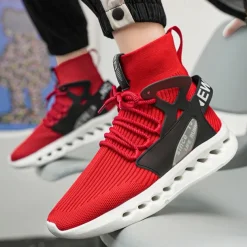 Men's Red High-Top Breathable Athletic Sneakers – Lightweight Knit Running Shoes with Cushioned Sole for Sports & Casual Wear