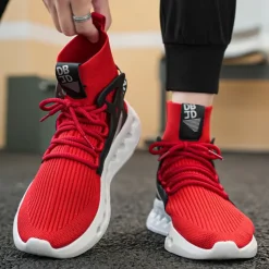 Men's Red High-Top Breathable Athletic Sneakers – Lightweight Knit Running Shoes with Cushioned Sole for Sports & Casual Wear