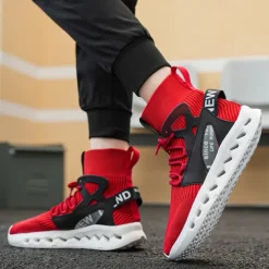 Men's Red High-Top Breathable Athletic Sneakers – Lightweight Knit Running Shoes with Cushioned Sole for Sports & Casual Wear