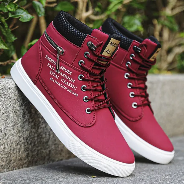 Men's Red High-Top Sneakers – Lace-Up Casual Ankle Boots with Zipper Detail and Stylish Print
