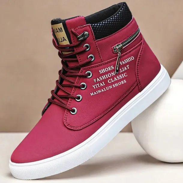 Men's Red High-Top Sneakers – Lace-Up Casual Ankle Boots with Zipper Detail and Stylish Print