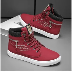 Men's Red High-Top Sneakers – Lace-Up Casual Ankle Boots with Zipper Detail and Stylish Print
