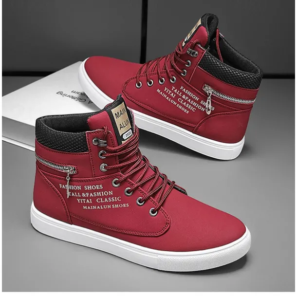 Men's Red High-Top Sneakers – Lace-Up Casual Ankle Boots with Zipper Detail and Stylish Print