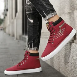 Men's Red High-Top Sneakers – Lace-Up Casual Ankle Boots with Zipper Detail and Stylish Print