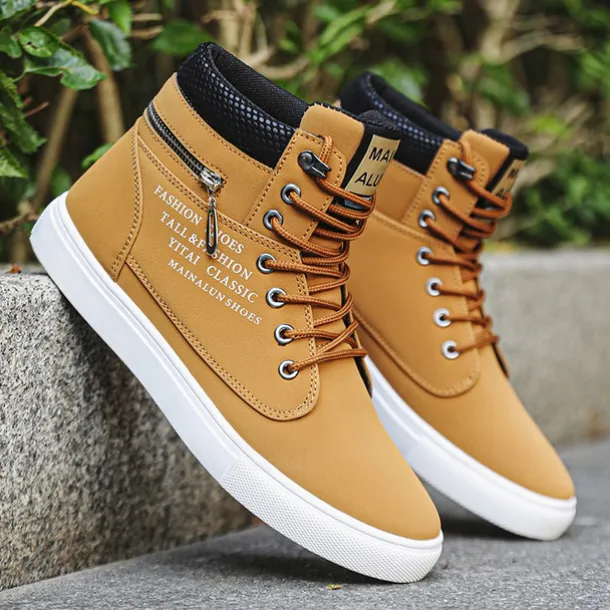 Men's Red High-Top Sneakers – Lace-Up Casual Ankle Boots with Zipper Detail and Stylish Print