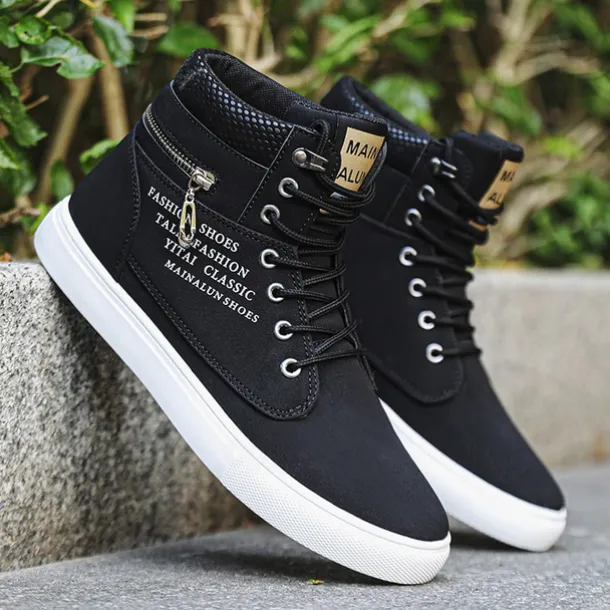 Men's Red High-Top Sneakers – Lace-Up Casual Ankle Boots with Zipper Detail and Stylish Print