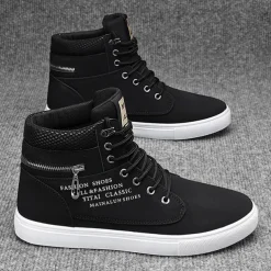 Men's Red High-Top Sneakers – Lace-Up Casual Ankle Boots with Zipper Detail and Stylish Print