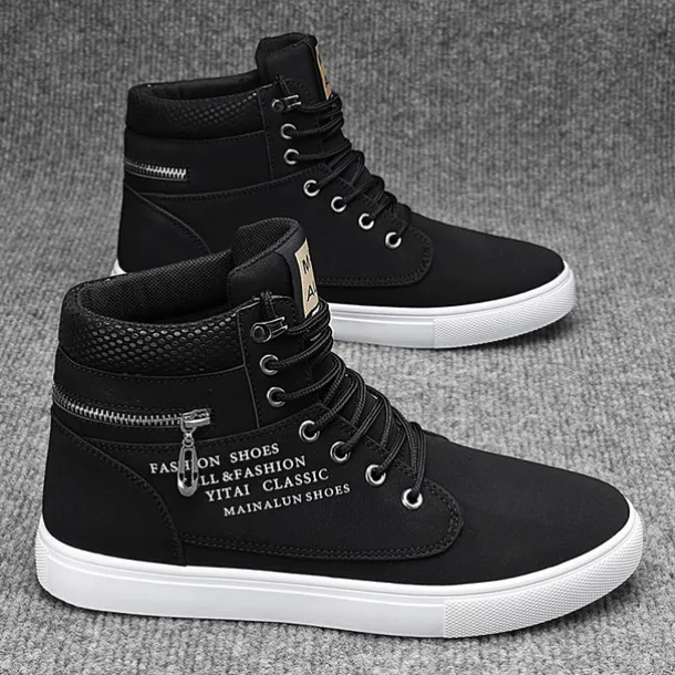 Men's Red High-Top Sneakers – Lace-Up Casual Ankle Boots with Zipper Detail and Stylish Print