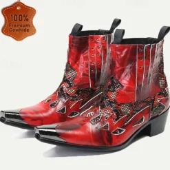 Men's Red Snakeskin Leather Motorcycle Boots–Western Style Studded Pointed Toe Ankle Boots with Gold Tip Flame Cut-Out Design for Bold Fashion